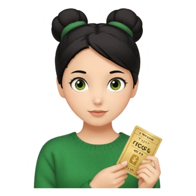 Девушка с ОДНИМ пучком чёрных волос, коричневого цвета глазами, в зеленой кофте, с коричневыми глазами и с билетами в театр в руках sticker