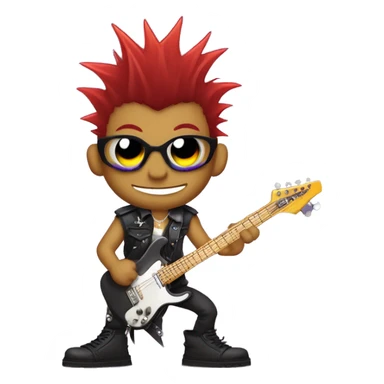 "Purple-skinned punk rock character with red mohawk hair, a mischievous grin, and edgy style. Holding a spiky electric guitar, wearing leather cuffs, ripped clothes, and fishnet stockings. Background is simple or transparent." sticker