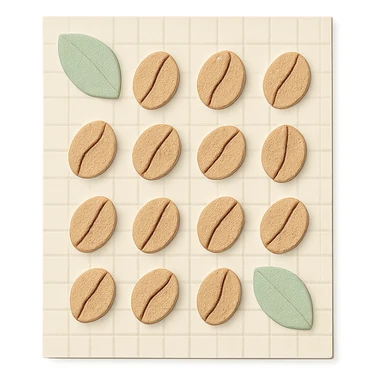 coffee bean pattern grid paper background with leaves, soft pastel style, transparent background sticker