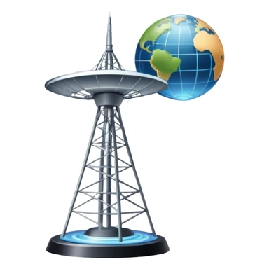An icon featuring a satellite dish, cell tower with signal waves, and a globe connected by lines, symbolizing telecommunications. The design includes data signals, network nodes, and a mobile device, representing global digital communication. Transparent background sticker