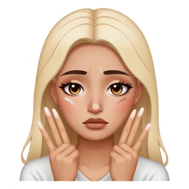 Create a classic emoji that is tired and crying but posing for Instagram with a peace sign and full makeup sticker