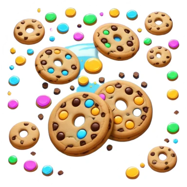 Interdimensional cookie factory with swirling portal, cookies flying in from different worlds, glowing runes, magical cartoon style, emoji-style sticker