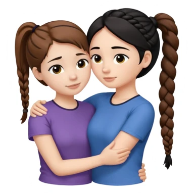 Comforting Hug two white skin women, one shorter woman with brown hair in simple top ponytail, not braided, and one taller woman with black hair in long side braid sticker