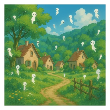 peaceful village with lush greenery and floating spirits, ghibli style sticker