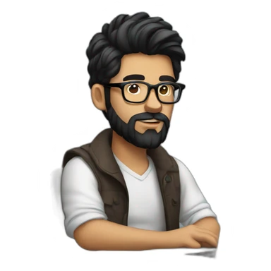 Designer with black hair, beard and glasses working with MacBook and drinking cappuccino  sticker