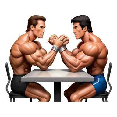 Arnold Schwarzenegger and Sylvester Stallone from 'Over the Top,' locked in an arm wrestling battle, using only their right hands. Their left hands rest on the table. Both display immense strength, with muscular arms flexing, under bright competition lights. Transparent background. sticker