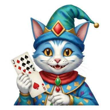 crazy colorful cute little cat jolly joker from poker, medieval, vintage, court jester, mac os icon, blue color, holds a single poker card on the right paw sticker