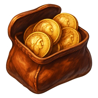 В cлегка рисованной, но при этом объемной и яркой стилистике сгенерируй картинку кожаного кошелька, из которого торчат натуральные фотореалистичные старые золотые монеты. Они должны выглядеть не как пластмассовые, а как настоящее золото. Прозрачный фон sticker