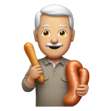 50-year-old man holding a big sausage sticker