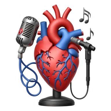anatomical heart holding a vintage microphone, surrounded by music notes, romantic sticker