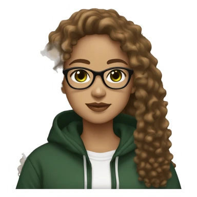 Lightskin girl with dark green eyes and light brown long curly hair with a black hoodie and wit skinny framed white glasses sticker