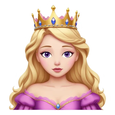 Cinematic Realistic Sleeping Beauty (Aurora) Portrait, with porcelain-like skin featuring a natural rosy flush, illuminated by soft lighting that highlights the gentle contours of her face. Her golden blonde hair flows in soft, detailed waves with subtle highlights that shimmer in the light. Her deep violet-blue eyes radiate warmth and innocence, framed by arched brows and long lashes. Her serene expression exudes quiet elegance. She is dressed in her classic pink gown, the fabric rich in texture with delicate folds that catch the light. A golden crown rests atop her head, gleaming with royal refinement. The portrait captures a soft, glowing aura, blending realism with an ethereal sense of beauty and timeless enchantment. sticker