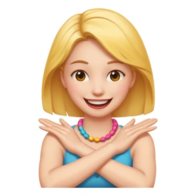A woman with arms crossed holding neck laughing emoji sticker