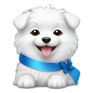 Samoyed puppy with big eyes and tongue smiling with blue Ribbon 
 sticker