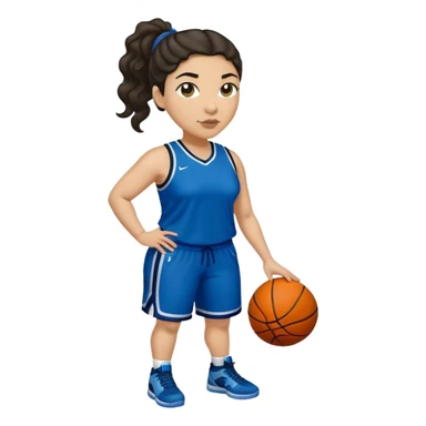 full body plus size light skin latino women basketball player with wavy dark hair in pony tail wide nose wearing blue uniform with green accent sticker