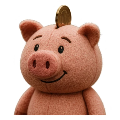 pink piggy bank with a coin, 3d cartoon, plushy texture sticker
