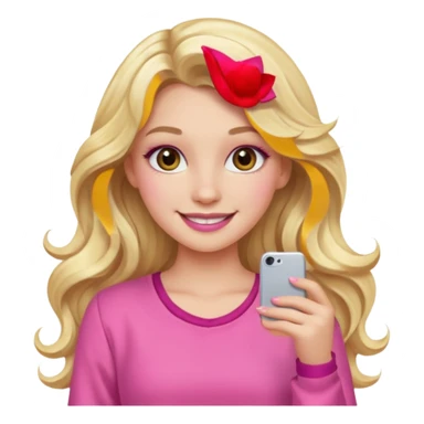 blonde girl, long wavy hair, pink clothes, trendy heavy makeup, smiling sticker