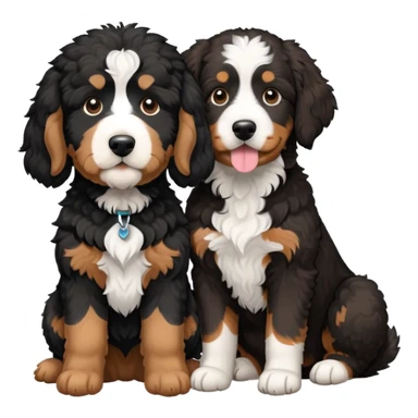 2 dogs, one is a light brown Aussie doodle. the other is a All black Berenedoodle with white eyebrows . Make both same size sticker