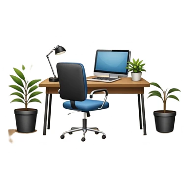 imagen de una oficina moderna con escritorio, silla, notebook, agenda y una planta con un cartel que diga en español ESTARÉ FUERA DE OFICINA sticker