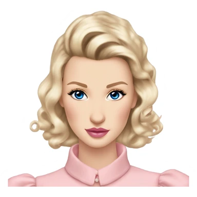girl blonde hair pale skin blue eyes. Pink lips blush Smokey eye skinny nose small Bella hadid upturned eyes (but not too much). Vintage blowout with long hair not too curly.  light pink dress, puffed sleeves, dainty choker necklace.  sticker
