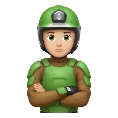 dirtbike rider in green gear with arms crossed, and thinking sticker