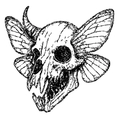 detailed but heavily distressed red line art of twisted minotaur-stoat skull hybrid with broken horn and glaring eye, intricate deteriorating moth wings, complex bone textures, asymmetrical features, extensive weathering with scratches and eroded sections, some transparent areas amid detailed horror elements, unnerving and ancient appearance, 100% red sticker