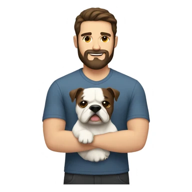 White man with dark brown hair and dark brown beard holding white bulldog  sticker