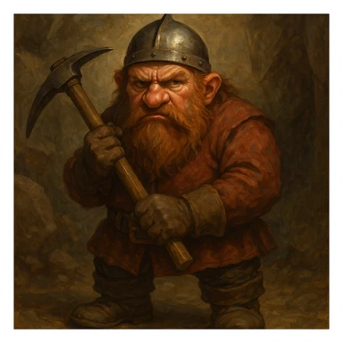 a grumpy dwarf holding a pickaxe in a fantasy style sticker