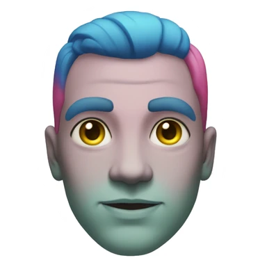 Very light green skin, yellow-blue eyes. Dark pink hair. A blue line tattoo extending from the beginning of the forehead and ending at the nose, three blue lines extending in an arc from above his eyes to below his cheeks on all sides of the face. sticker