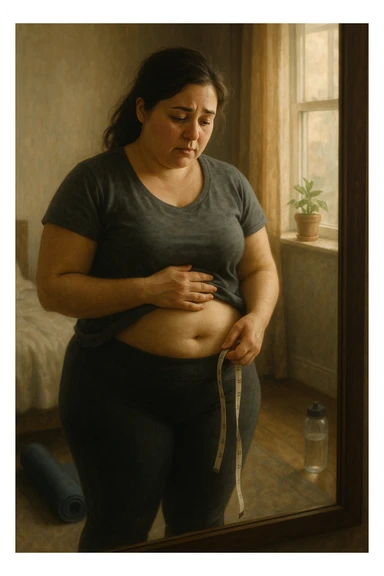 A realistic, cinematic illustration of a woman in her early 30s with a slightly rounded body shape, standing in front of a mirror in a softly lit bedroom, looking at her reflection with a thoughtful, slightly discouraged expression. She is wearing comfortable home workout clothes, holding a tape measure in one hand loosely, while her other hand gently touches her belly area, showing her frustration with slow weight loss progress. The room is cozy, with natural light filtering in, a yoga mat rolled up in the corner, a water bottle, and a small plant on the windowsill. The scene captures the emotional struggle and quiet determination of a woman facing difficulties in losing weight despite her efforts, with warmth and dignity. sticker