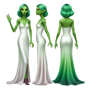 reptilian green alien woman, in( long slim pastel color:#FFFFFF formal party satin dress with gradient shiny sparkling dark red), full figure, full body sticker