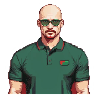 muscular bald man with a red chin goatee, wearing a dark green polo shirt and dark green glasses sticker