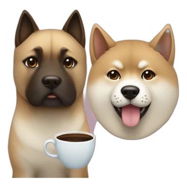 A Akita taking a coffee with a brown siamese  sticker