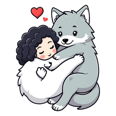 Black curly hair white skin girl hugging one big wolf with hearts above them sticker