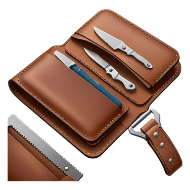 Leatherworking icon, piece of raw leather being crafted into a leather wallet or belt, professional tools like leather stitching awl, edge beveler, hammer, prying tool, minimalistic style, clean lines, transparent background. sticker