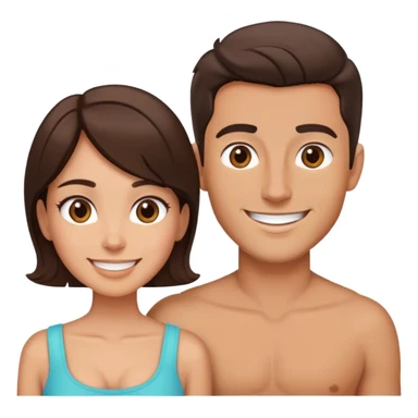 Attractive brunette man and woman with tan skin from chest up, smiling at camera sticker