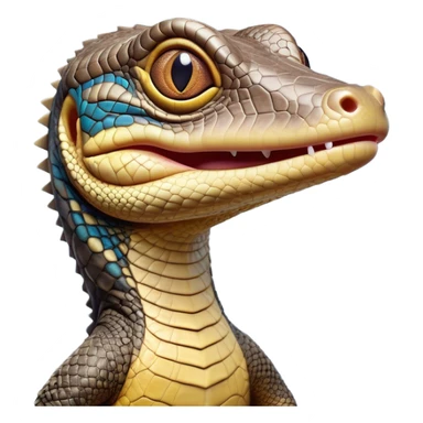 Cinematic Comical Monitor Lizard Portrait Emoji, Head tilted dramatically with an exaggeratedly shocked expression, featuring a robust, patterned body with wide, comically expressive eyes full of humorous disbelief, Simplified yet hilariously expressive features, highly detailed, glowing with a slightly sassy glow, high shine, dramatic yet playful, stylized with an air of quirky reptilian attitude, soft glowing outline, capturing the essence of a meme-worthy monitor lizard that looks ready to side-eye its way into viral fame! sticker