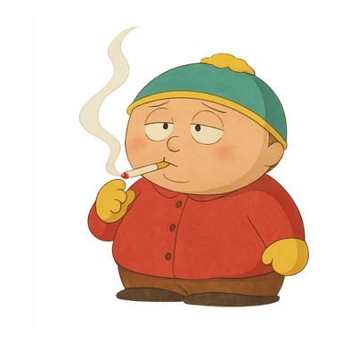 ghibli style Eric Cartman from South Park smoking, no background sticker