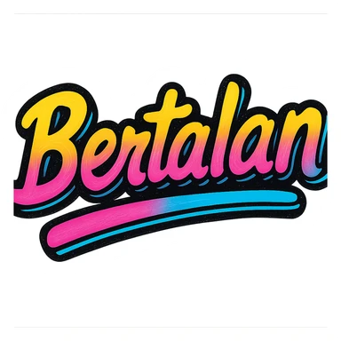 Bertalan name in modern colorful gradient font with dark outline, dynamic slanted or partial underline, in the style of reference patterns sticker