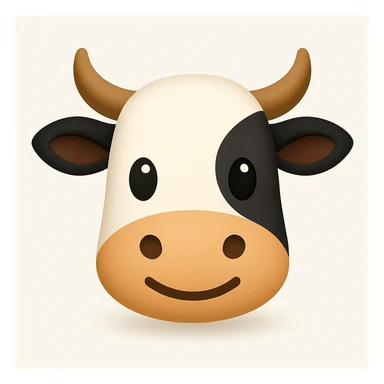 Create a simplified, friendly cow face emoji similar to the reference image. The emoji should have black and white markings and horns, with a soft shadow added under the face, in a simplified emoji-like style. sticker