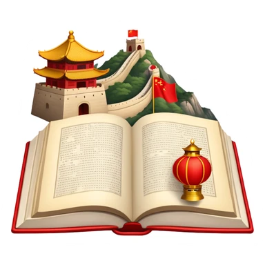An icon featuring the Great Wall of China and the flag of China, symbolizing the Chinese language. The design includes an open book with Chinese characters and a red lantern, representing language learning and rich cultural tradition. Transparent background highlights the depth of Chinese heritage. sticker