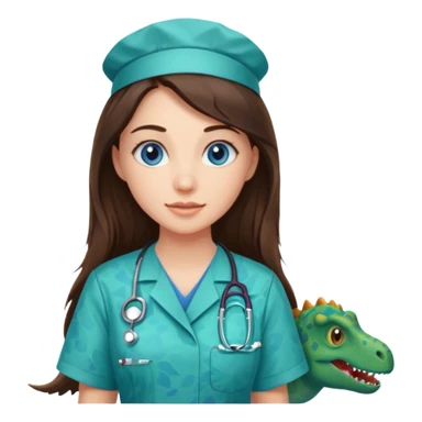 pretty brunette nurse with long hair and blue eyes in dinosaur pattern scrubs sticker
