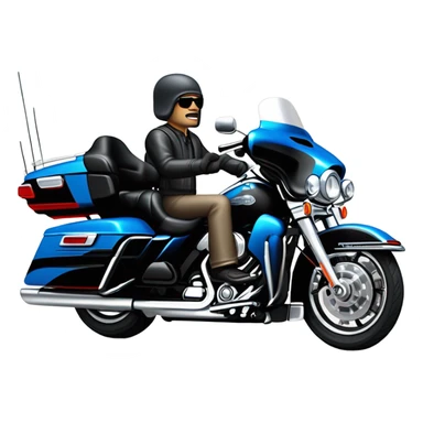 angled view of a harley davidson electra glide ultra classic with big blue pearl and vivid black two color paint scheme with midsize recurve windshield, a radio antenna, a citizen's band radio antenna and an older white man with a durag sitting on the front seat. sticker