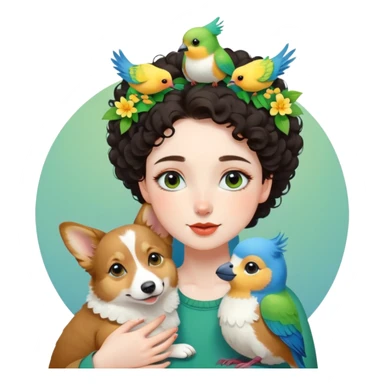 Dark short curly hair with pale skin and thin eyebrows girl hugging a welsh corgi. And a green-reddish lovebird on her head with yellow, blue love birds around her. sticker
