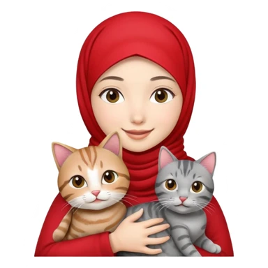 Asian White girl wearing red hijab holding a black grey tabby cat while smiling sticker