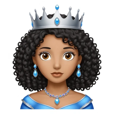 Por favor hazme el emoji de la princesa pero morena con el pelo negro y rizado, los ojos marrones y la corona plateada con jollas azules sticker