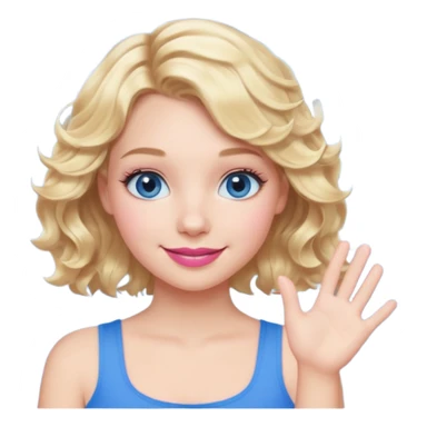 Girl Blonde short wavy hair,  blue eyes, cute blue top, long lashes, pink lips, smiling, one hand 🤷🏼‍♀️  sticker