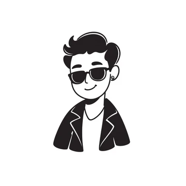 A 30-year-old Latino male musician with a piercing in one ear, wearing sunglasses, with a fashionable short hairstyle styled up and to one side, smiling confidently and wearing a jacket, shrugging his shoulders with a carefree attitude sticker