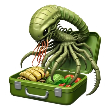 The Predator, as in the 1987 movie, eating an Alien facehugger from a lunchbox, the setting should be dark and sci-fi. sticker