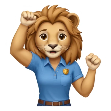 friendly anthropomorphised female lion in a shirt and pants with fist raised, energetic pose sticker